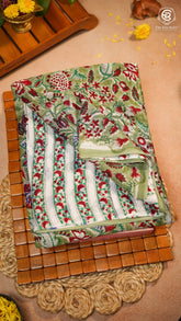 Sage Green & Red Floral Vine Handblocked Pure Georgette Saree