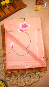 Peach Multi Color Floral Vine Handblocked Pure Mul Cotton Saree