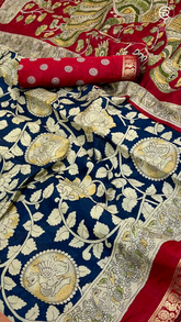 Navy Blue & Red Kalamkari Soft Cotton Saree