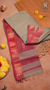 Sage Green and Pink Zari Checkered Handloom Pure Maheshwari Silk Saree