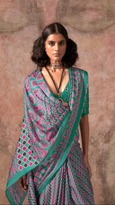 Green Ajrakh Satin Georgette Silk Saree