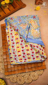 Blue & Yellow Floral Vine Handblocked Pure Georgette Saree