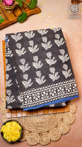 Black and Blue Floral Handblocked Pure Cotton Saree
