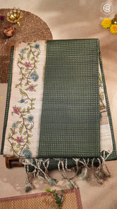 Sage Green & Beige Floral Border Kantha Matka Tussar Silk Saree