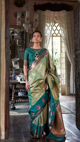 Forest Green Dual Shade Ikkat Kanchi Soft Silk