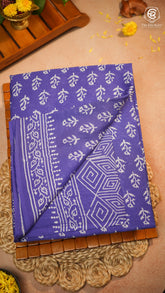 Purple & White Floral Handblocked Pure Mul Cotton Saree