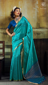 Teal Blue & Gold Floral Tussar Silk Saree