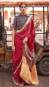 Red and Beige Bandhini Gajji Silk Saree
