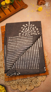 Brown & White Floral Handblocked Pure Mul Cotton Saree