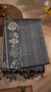 Grey Floral Border Kantha Matka Tussar Silk Saree