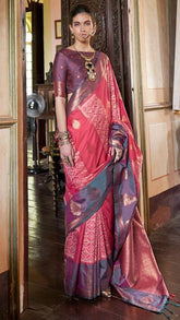 Ruby Pink and Purple Dual Shade Ikkat Kanchi Soft Silk