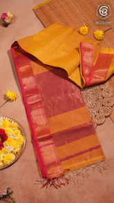 Mustard Yellow & Pink Zari Checkered Handloom Pure Maheshwari Silk Saree