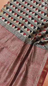 White & Red Checkered Handblocked Pure Maheshwari Cotton Sarees