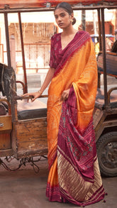 Orange and Maroon Bandhini Gajji Silk Saree