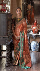 Orange and Green Dual Shade Ikkat Kanchi Soft Silk
