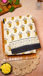 White, Yellow & Black Floral Handblocked Pure Cotton Saree