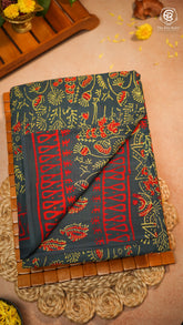 Dark Teal & Red Floral Handblocked Pure Mul Cotton Saree