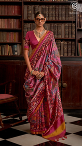 Pink Red & Yellow Kalamkari Patola Saree