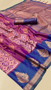 Purple and Blue Dual Shade Ikkat Kanchi Soft Silk