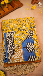 Yellow & Blue Leaf Floral Handblocked Pure Mul Cotton Saree