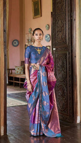 Purple and Blue Dual Shade Ikkat Kanchi Soft Silk