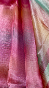 Pink Multicolor Line Patterned Tissue Silk Saree