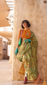 Mild Green Floral Printed Handloom Zari Weaving Tissue Silk Saree