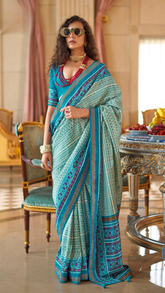 Teal Blue & White Cinderella Crepe Banarasi Saree