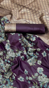 Violet and Gold Floral Satin Banarasi Silk Saree