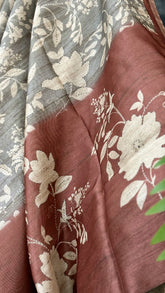 Grey and Rust Red Floral Printed with Contrast Pallu Phulwari Silk Saree