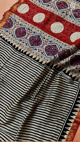 White & Black Line Patterned Handblocked Pure Maheshwari Cotton Sarees