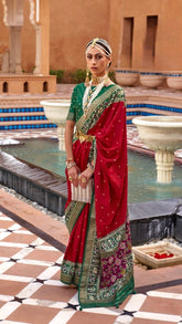 Red and Green Ikat Patola Contemporary Banarasi Crepe Silk Saree ERA06RGN