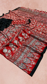 Black and Red Ajrakh Satin Crepe Silk Saree