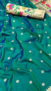 Teal Green and Gold Single Muniya Lotus Paithani Soft Silk Sarees