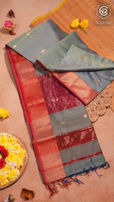 Grey Line Diamond Zari Handloom Pure Maheshwari Silk Saree