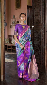 Sea Green and Purple Dual Shade Ikkat Kanchi Soft Silk