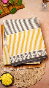 White and Yellow Geometric Line Patterned Handblocked Pure Cotton Saree