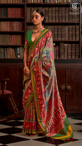 Pink Green & Yellow Kalamkari Patola Saree