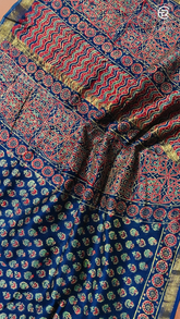 Blue & Green Floral Handblocked Pure Maheshwari Cotton Sarees