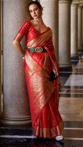Red Pure Munga Satin Banarasi Silk Saree