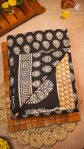 Black & White Leaf Floral Handblocked Pure Mul Cotton Saree