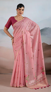 Peach Handloom Cotton Silk Saree