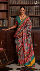 Turquoise Peach & Yellow Kalamkari Patola Saree