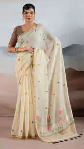 Pearl White Handloom Cotton Silk Saree