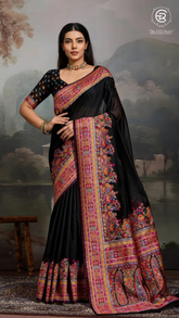 Black & Multi Color Floral Pure Kashmiri Cotton Saree