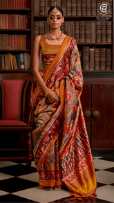 Orange Brown & Yellow Kalamkari Patola Saree