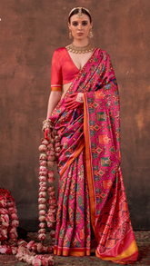Pink and Red Contemporary Patola Crepe Banarasi Saree