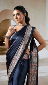 Black Ajrakh Contemporary Satin Modal Silk Saree