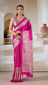 Pink Ajrakh Contemporary Satin Modal Silk Saree