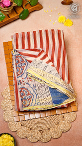 White and Red Line Patterned Handblocked Pure Double Chiffon Sarees